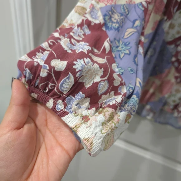MAURICES Patchwork Floral Print Long Sleeve Peplum Top, V Neck, Smocked Chest - Picture 5 of 15